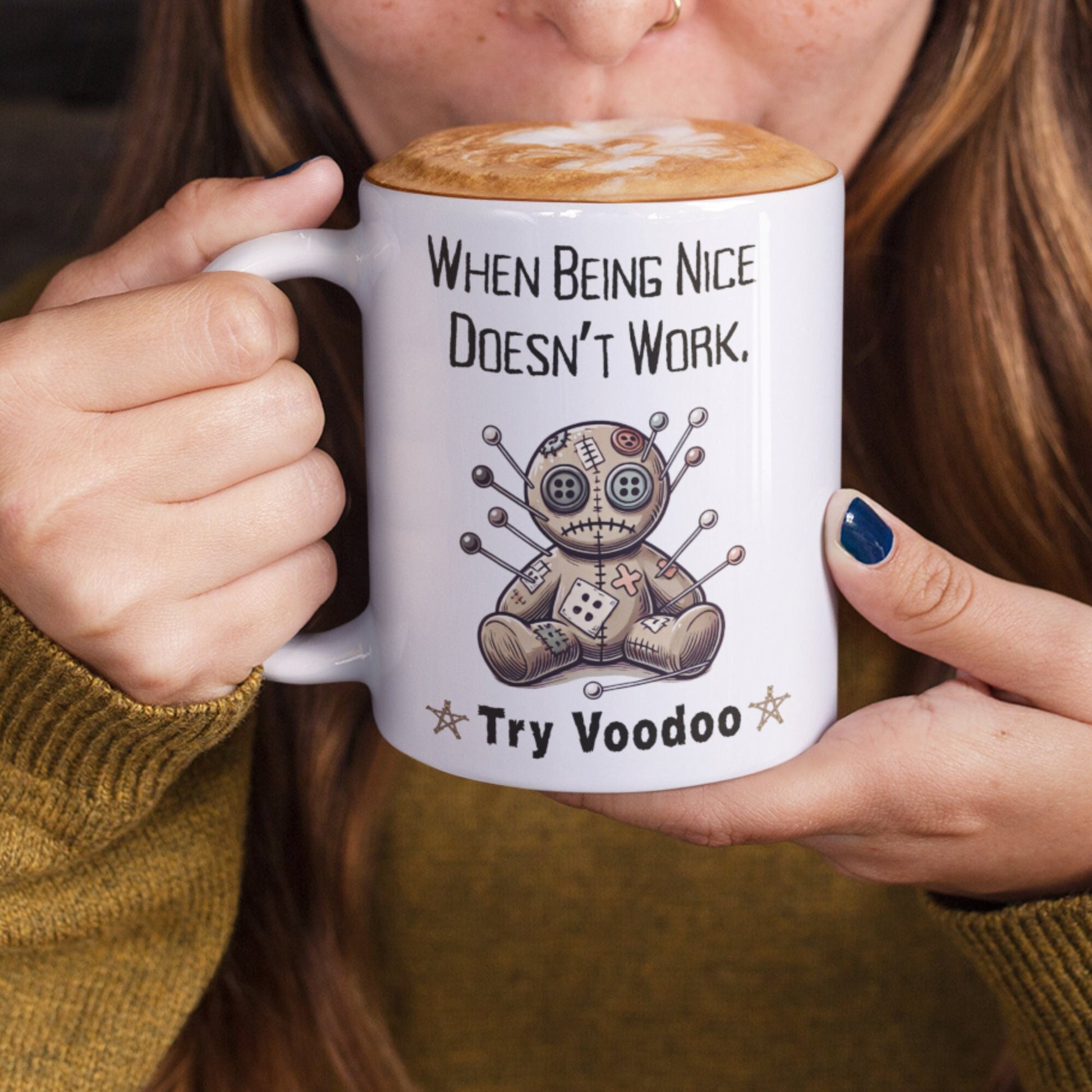 Funny 11oz white ceramic Voodoo Doll Mug —  &#39;When being nice doesn&#39;t work, try Voodoo&#39;. features a whimsically dark design, complete with a voodoo doll with pins and pentacles