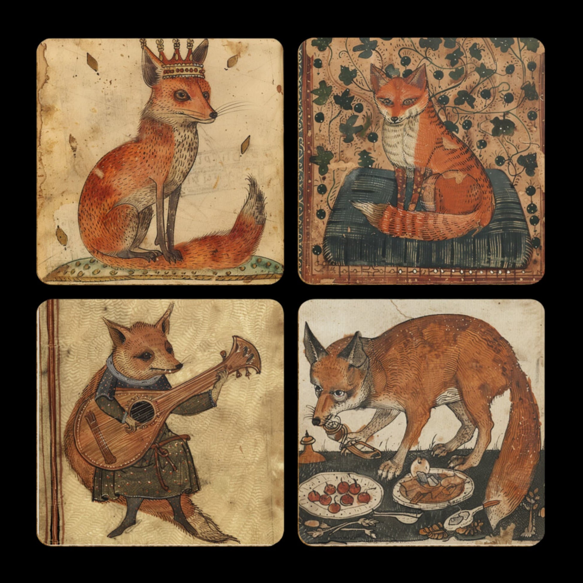 Fox Coasters, Pack of 4 Coasters, Medieval Foxes