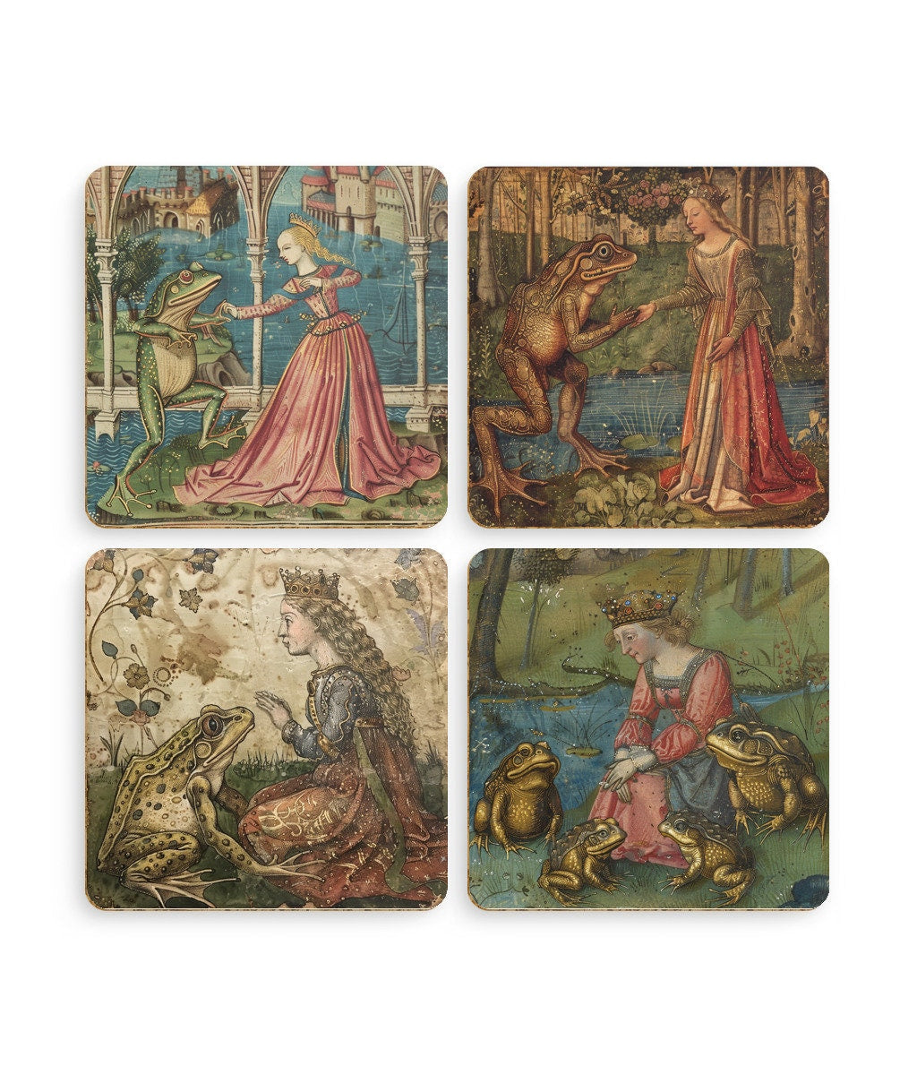 pack of four coasters all with different designs. medieval paintings of a princess and a frog. One shows a princess and a frog dancing, another the princess and froggy holding hands. A great gift for a frog lover.