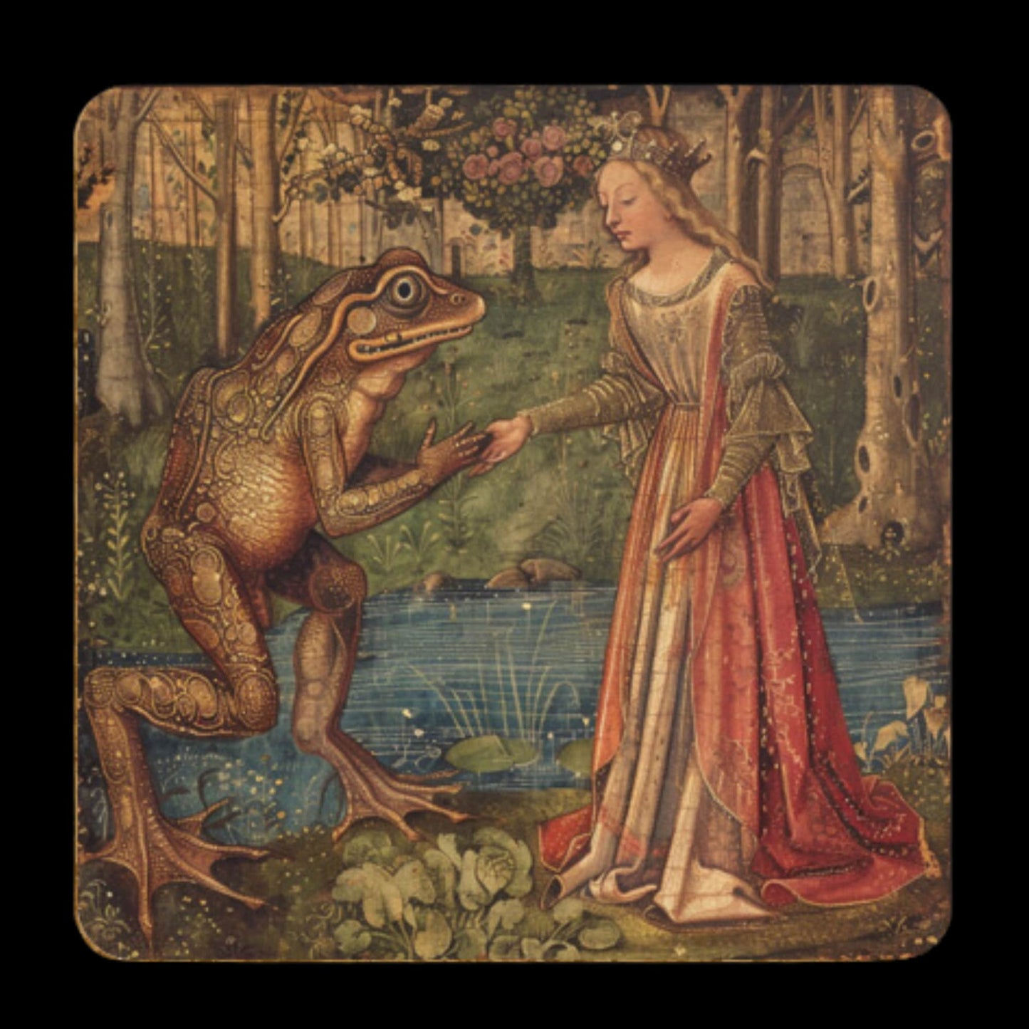 Princess and the Frog Coasters, Frog Gifts, Fairy Tale Princess Design Medieval Frog Paintings 4 x Coaster Designs Frog Print Tea Coffee Mat