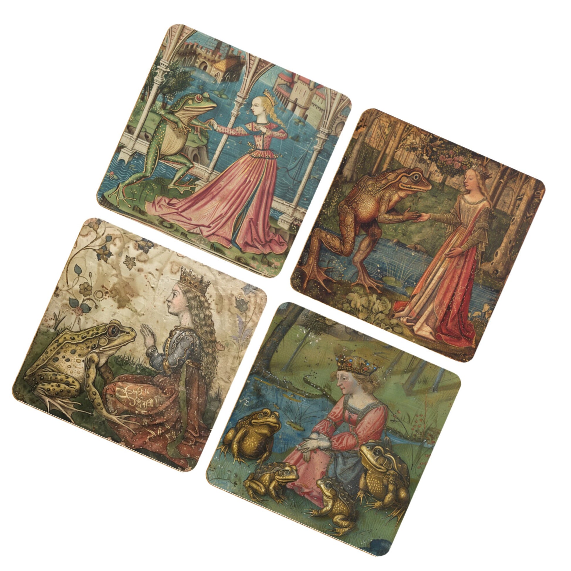 Princess and the Frog Coasters, Frog Gifts, Fairy Tale Princess Design Medieval Frog Paintings 4 x Coaster Designs Frog Print Tea Coffee Mat