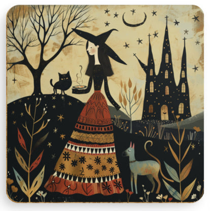 Folk art witch-themed coaster featuring a whimsical scene of two witches in pointed hats under a starry night sky, surrounded by bare trees and a black cat.