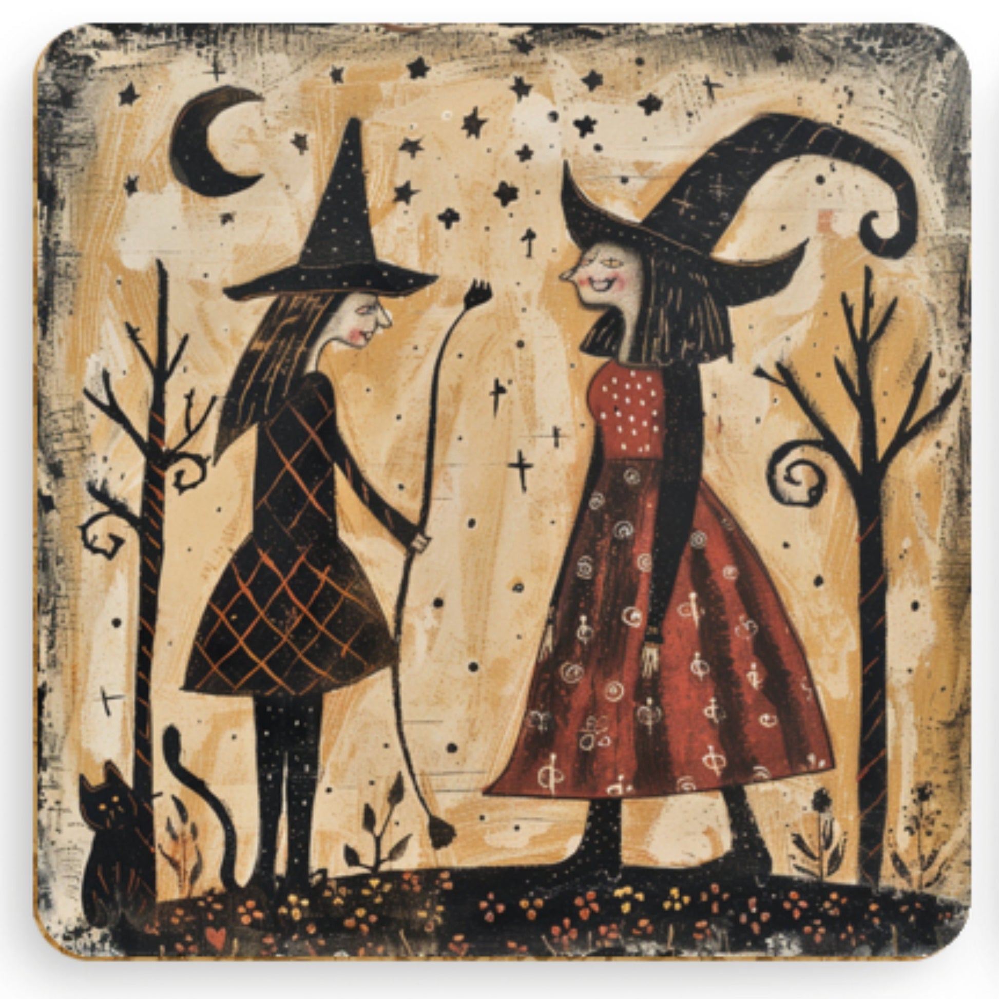 Enchanting witch coaster depicting a solitary witch with a broomstick standing on a hilltop with a black cat, silhouetted against a crescent moon and gothic castle.