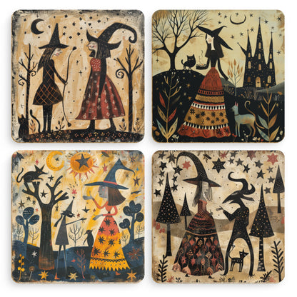 Witch-themed folk art coaster featuring a scene of two witches in red and brown dresses under a sky filled with tiny stars, with a black cat nearby.