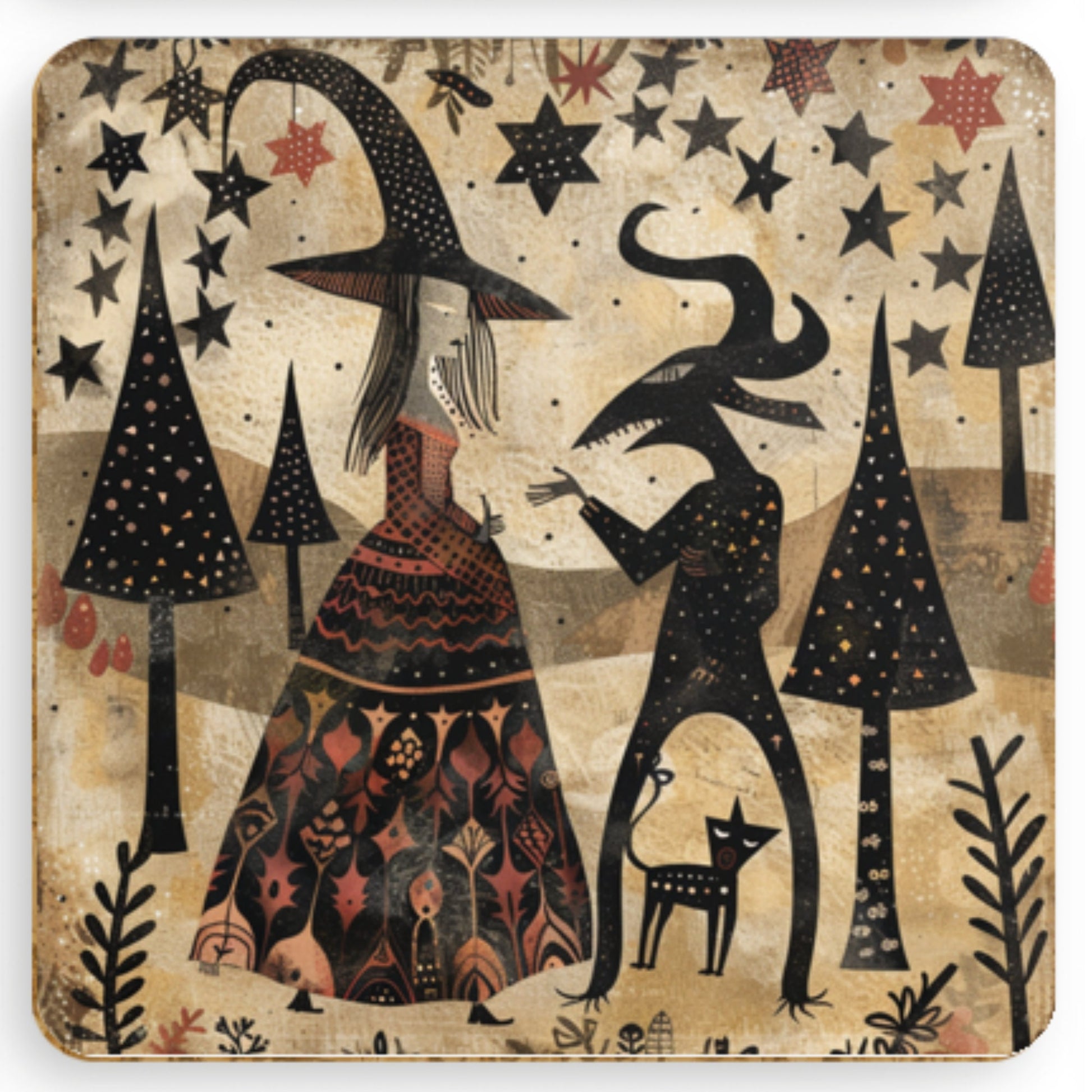 Magical coaster design displaying a witch in a detailed orange and black dress, standing near a mystical landscape with a crescent moon and gothic spires in the background.