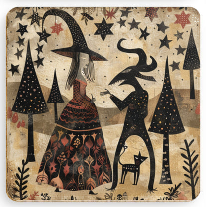 Magical coaster design displaying a witch in a detailed orange and black dress, standing near a mystical landscape with a crescent moon and gothic spires in the background.