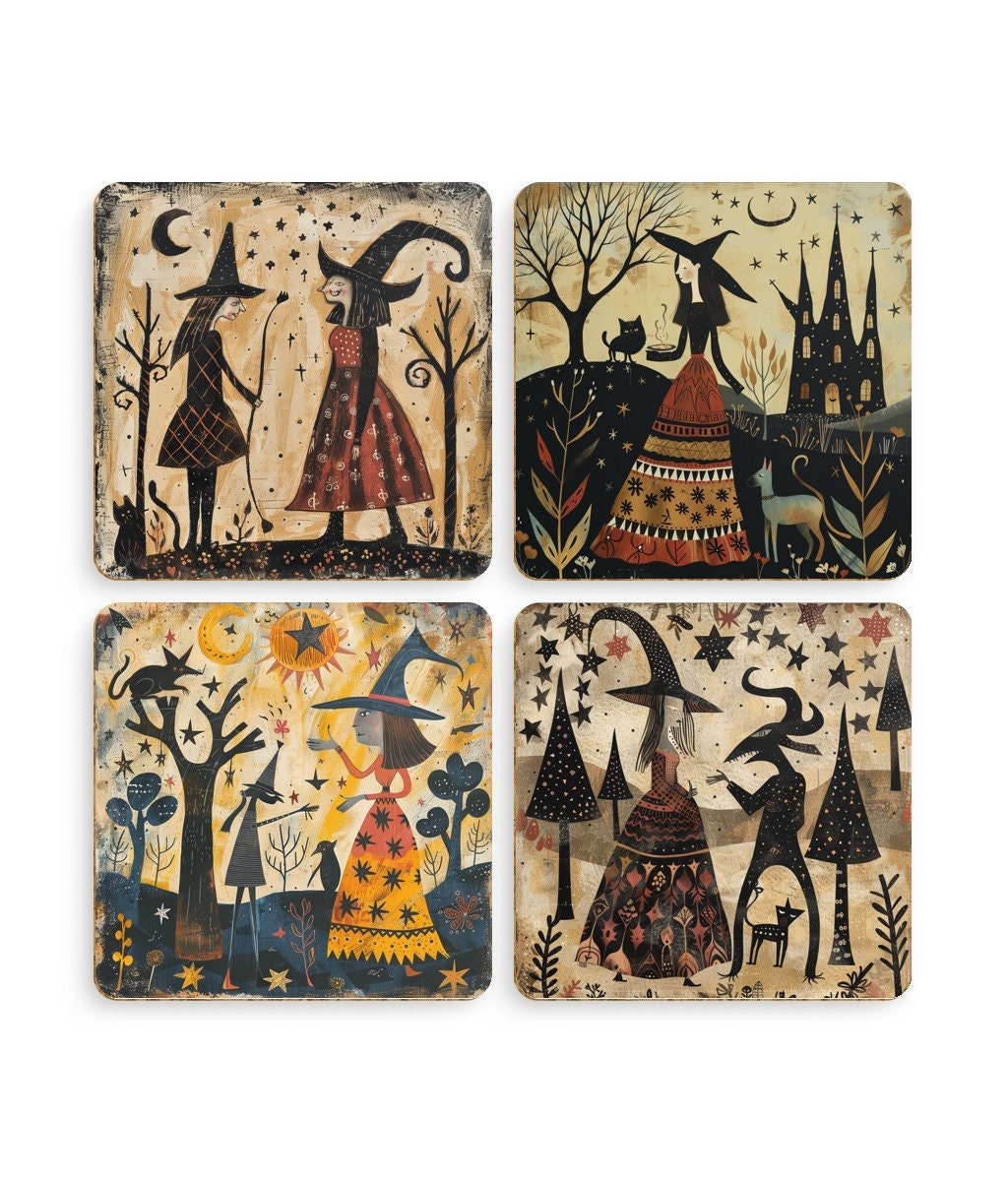 folk art witches on coasters, the Devil, black cats, witches familiars, set of 4 drinks mats, all different designs, unique witch gifts