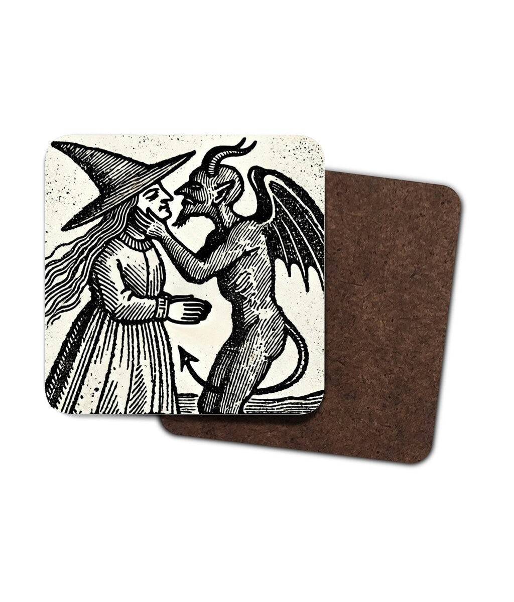 Witch Kissing Devil Coasters: Gothic Woodcut Art, Set of 4