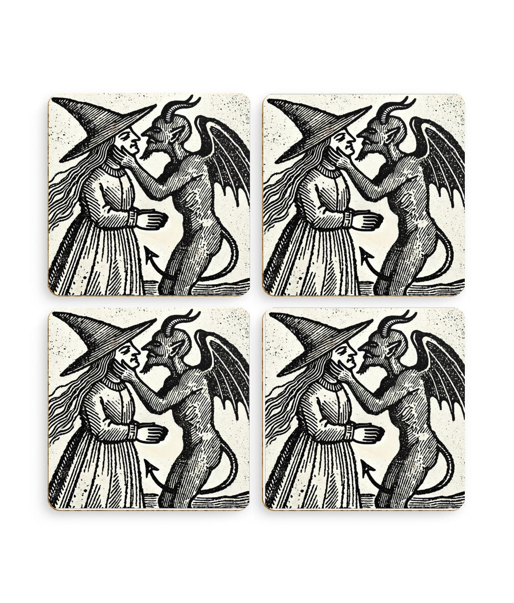 Witch Kissing Devil Coasters: Gothic Woodcut Art, Set of 4