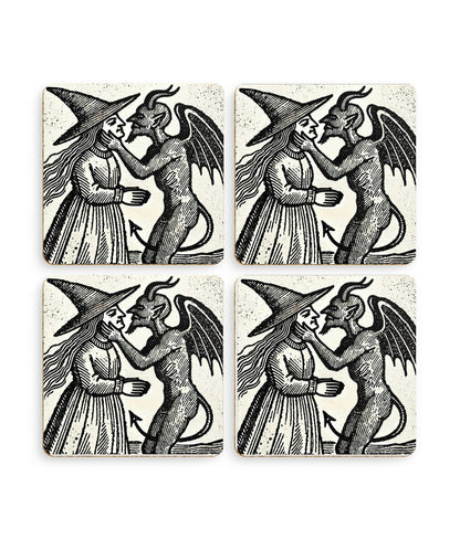 Witch Kissing Devil Coasters: Gothic Woodcut Art, Set of 4