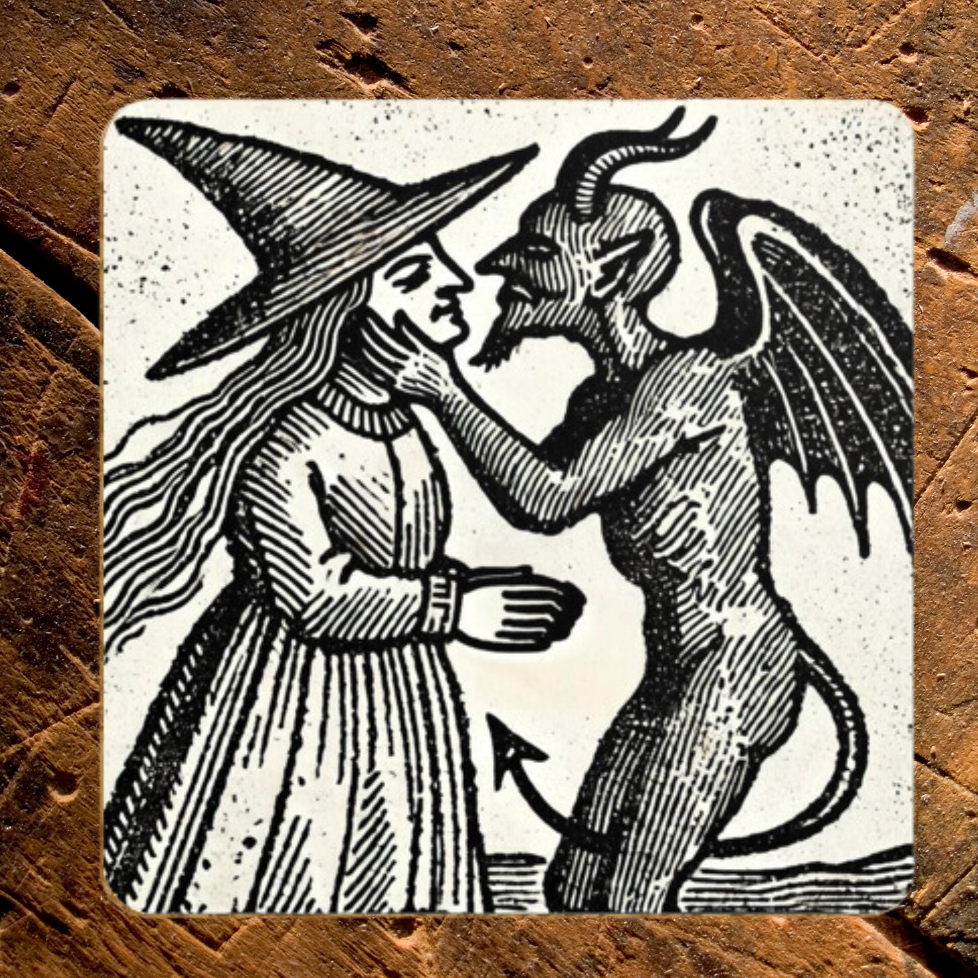 Witch Kissing Devil Coasters: Gothic Woodcut Art, Set of 4