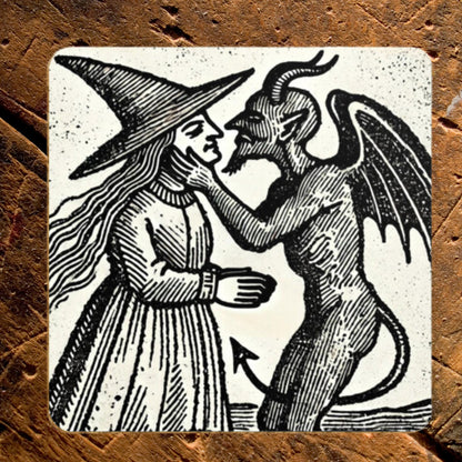 Witch Kissing Devil Coasters: Gothic Woodcut Art, Set of 4