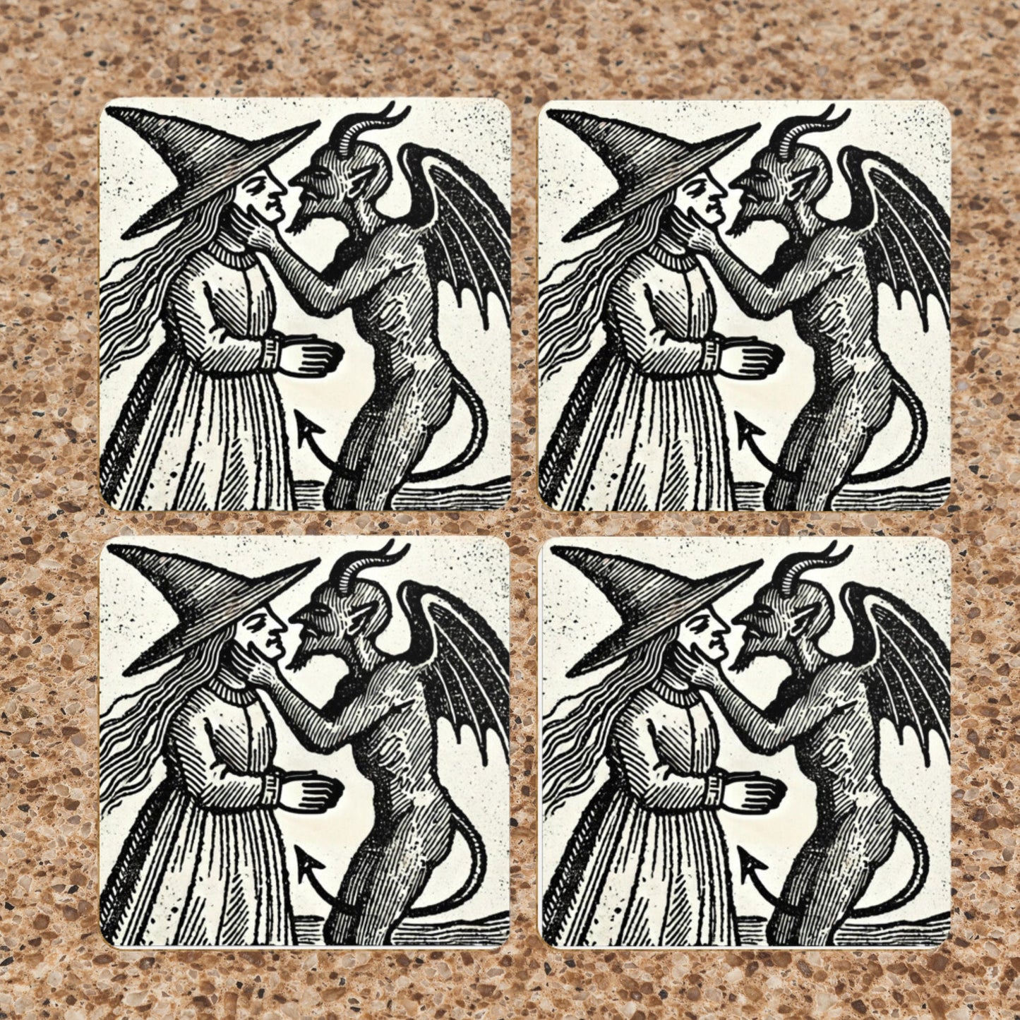 Witch Kissing Devil Coasters: Gothic Woodcut Art, Set of 4