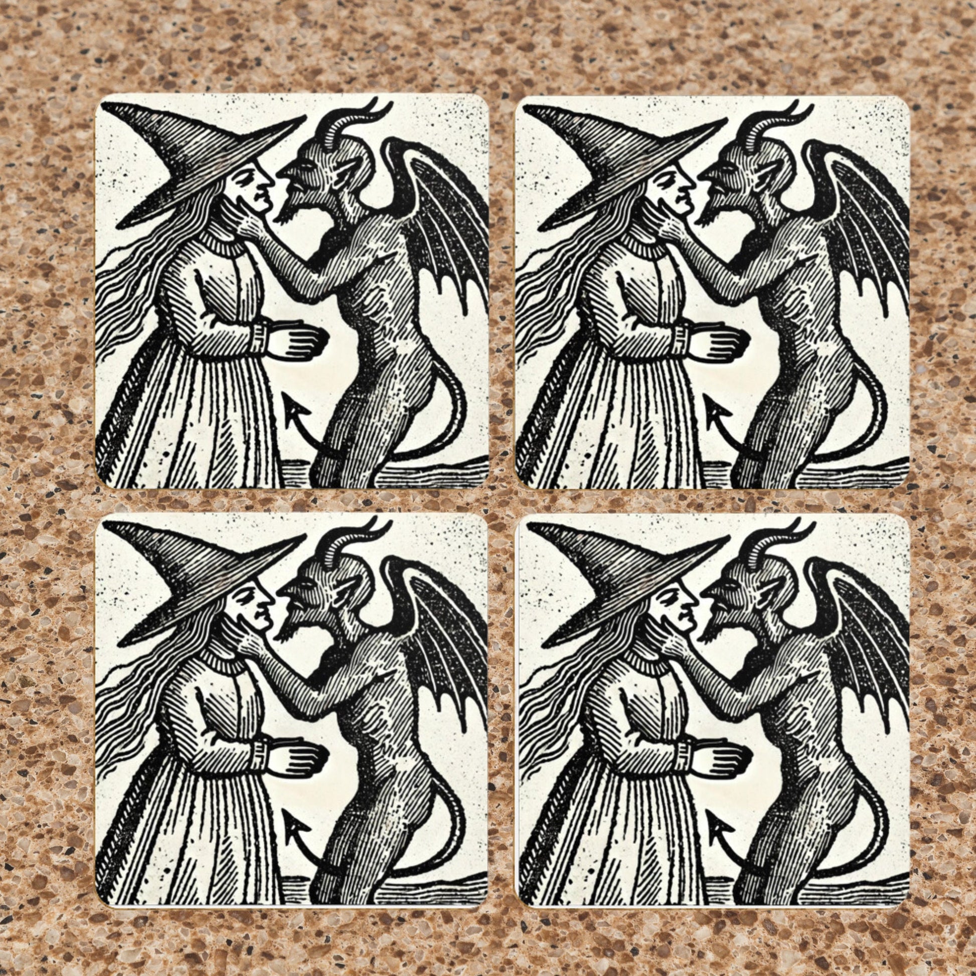 Witch Kissing Devil Coasters: Gothic Woodcut Art, Set of 4