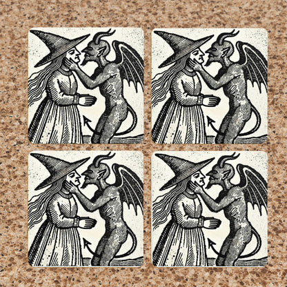 Witch Kissing Devil Coasters: Gothic Woodcut Art, Set of 4