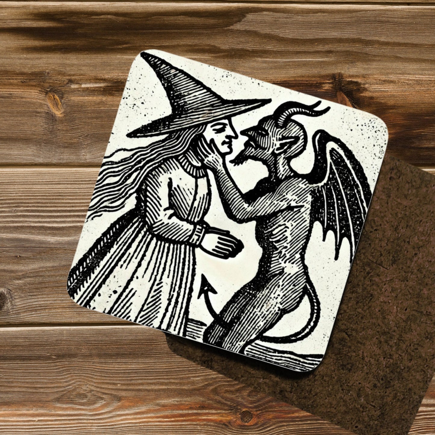 Witch Kissing Devil Coasters: Gothic Woodcut Art, Set of 4