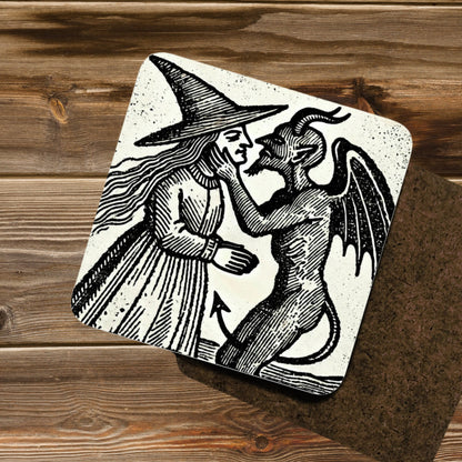 Witch Kissing Devil Coasters: Gothic Woodcut Art, Set of 4