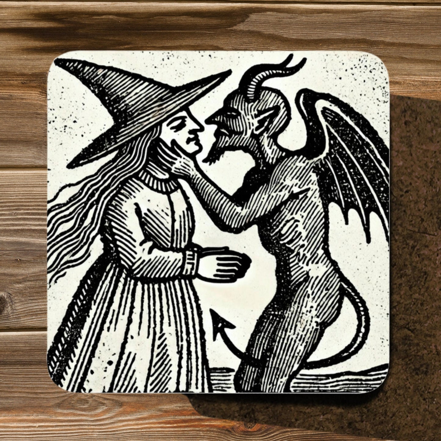 Witch Kissing Devil Coasters: Gothic Woodcut Art, Set of 4