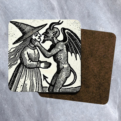 Witch Kissing Devil Coasters: Gothic Woodcut Art, Set of 4