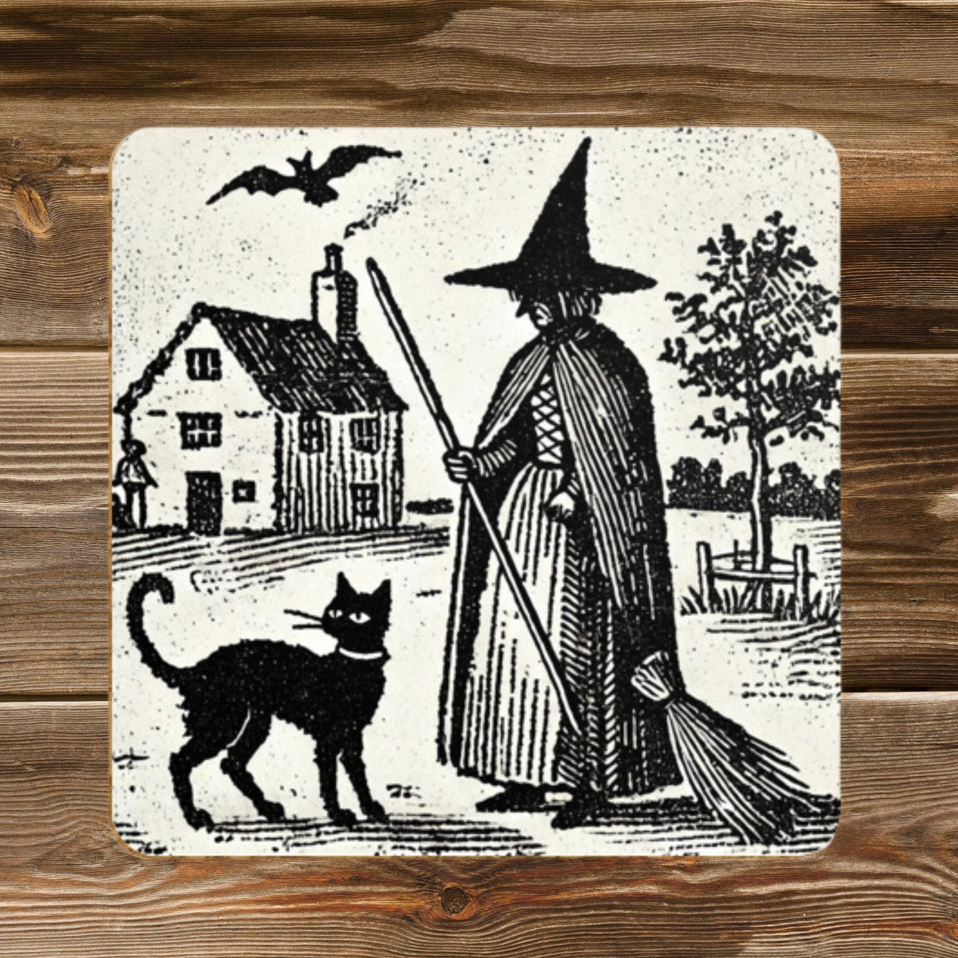 Witch & Black Cat Coasters: Vintage Woodcut Style, Set of 4