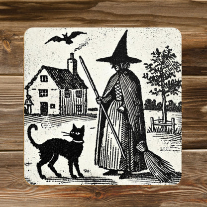 Witch & Black Cat Coasters: Vintage Woodcut Style, Set of 4