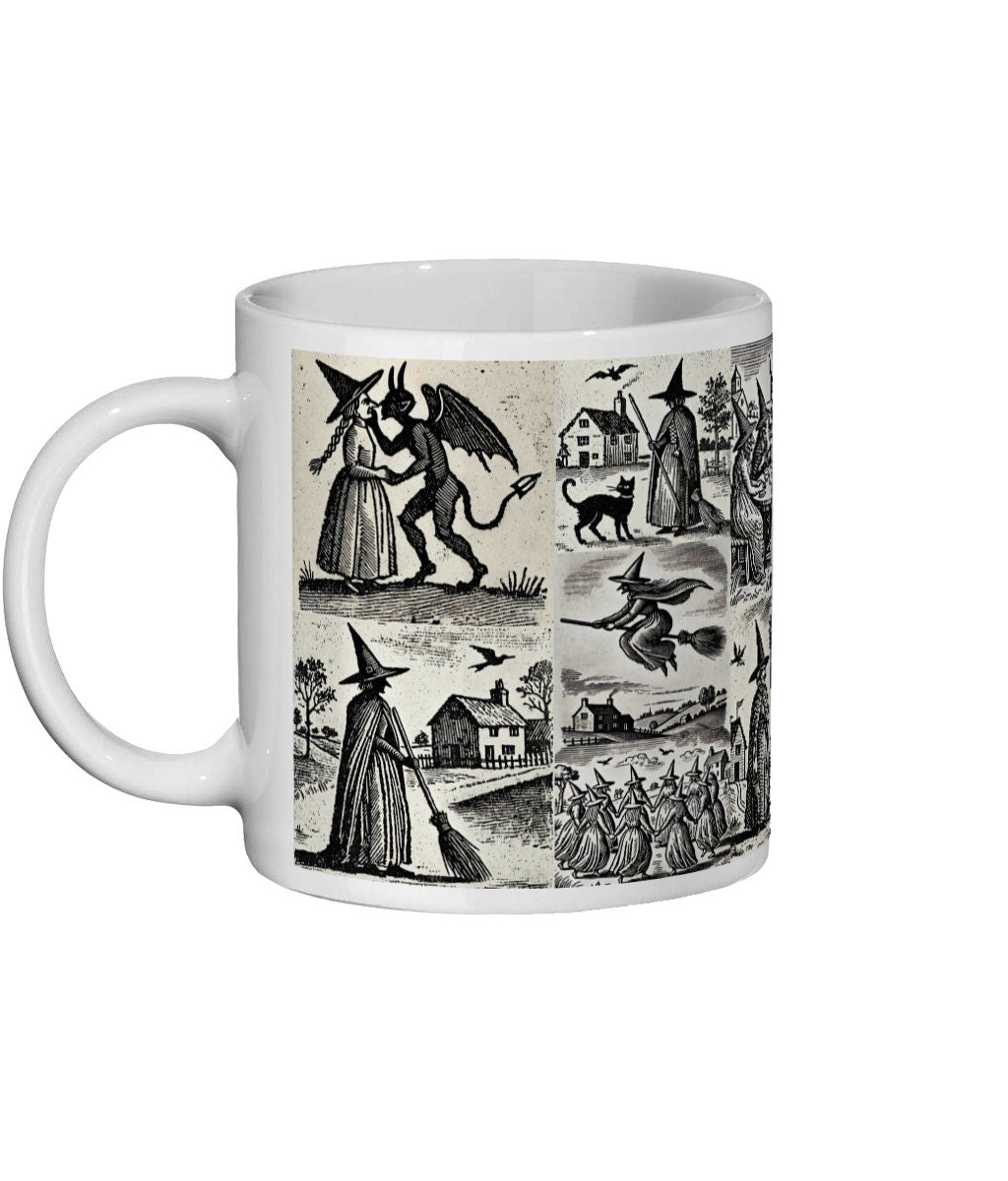 Dark, gothic-style mug with a woodcut illustration depicting witches and the Devil, perfect for Halloween or occult enthusiasts.
