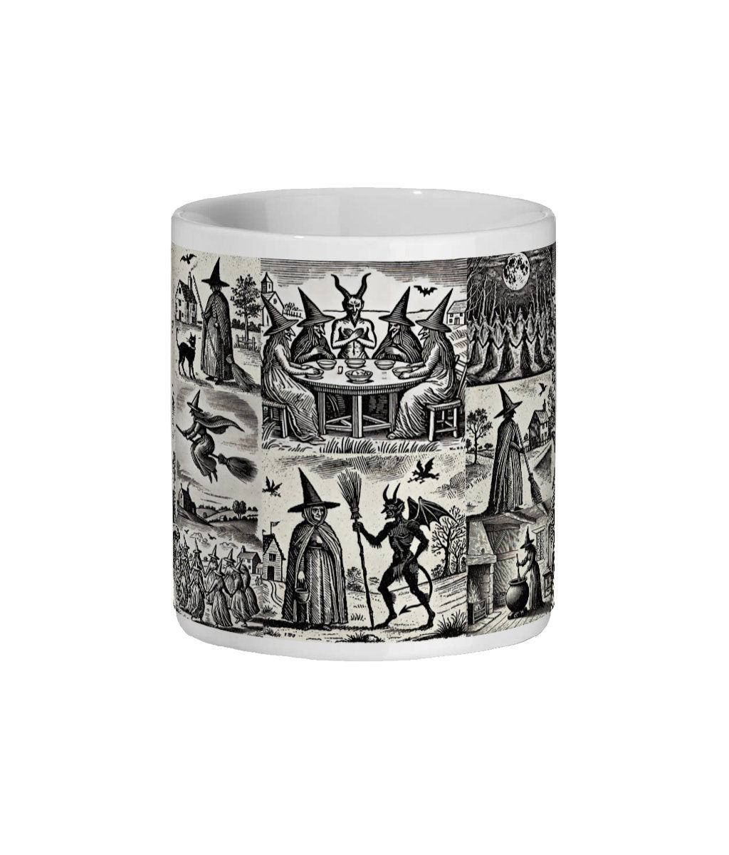Vintage woodcut design wrapping around an 11 oz mug, featuring witches and the Devil in various scenes of witchcraft and rituals