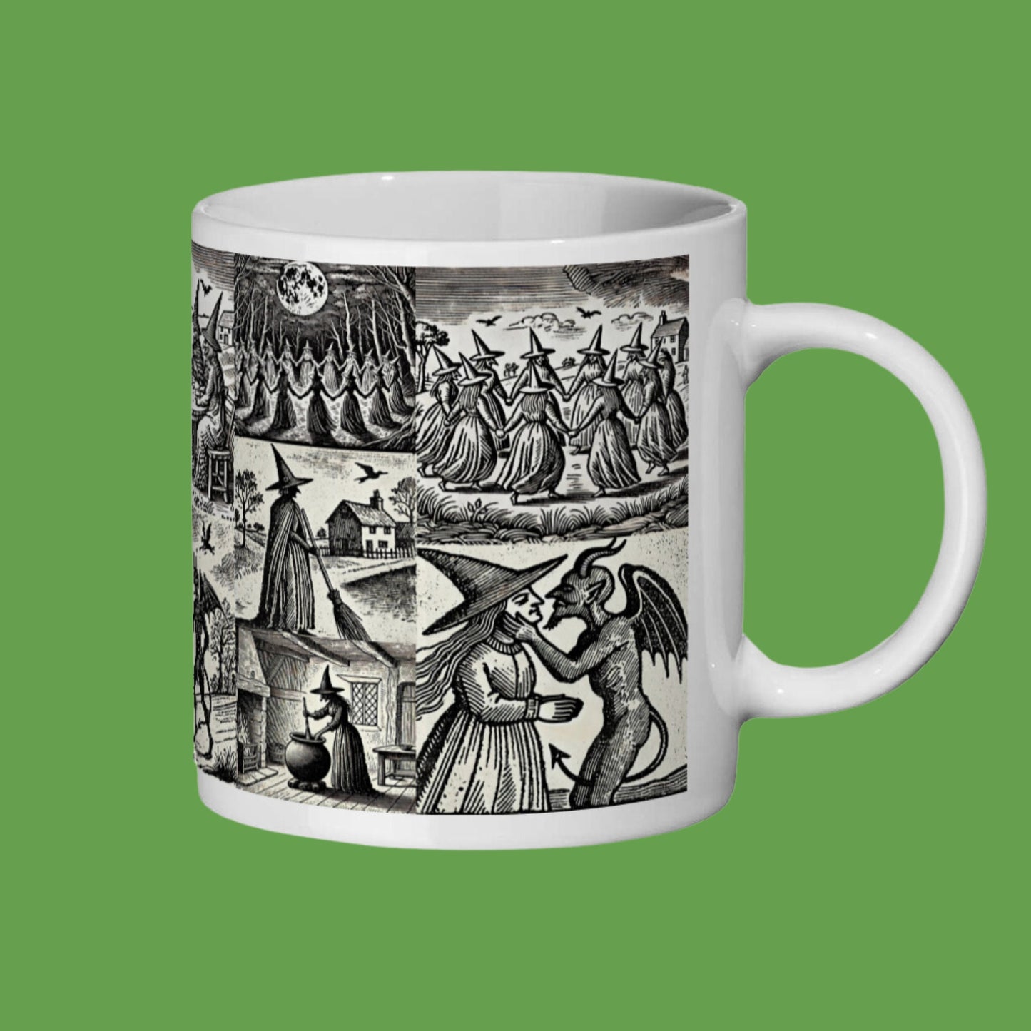 A witch kissing the Devil
A witch with her familiar, a black cat
Witches dancing in a circle
Witches sat around a table talking to the Devil. scenes that evoke the mysterious and magical world of witches