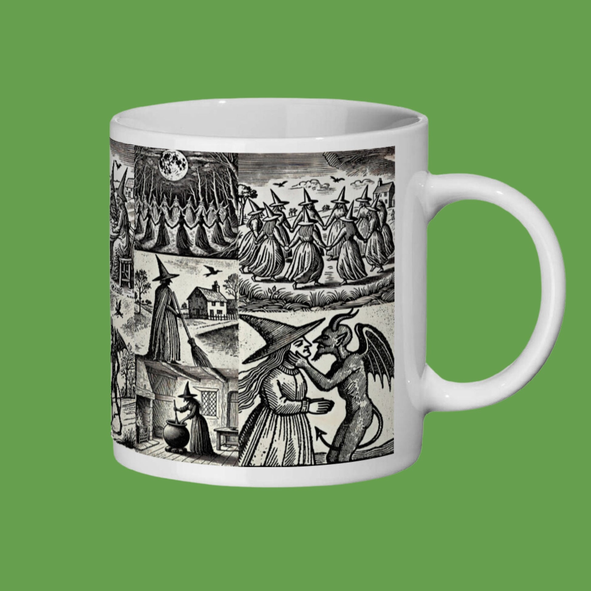 A witch kissing the Devil
A witch with her familiar, a black cat
Witches dancing in a circle
Witches sat around a table talking to the Devil. scenes that evoke the mysterious and magical world of witches