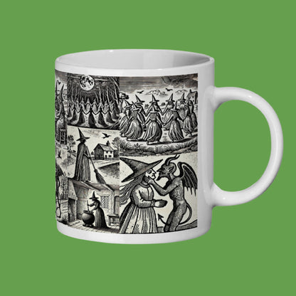 A witch kissing the Devil
A witch with her familiar, a black cat
Witches dancing in a circle
Witches sat around a table talking to the Devil. scenes that evoke the mysterious and magical world of witches