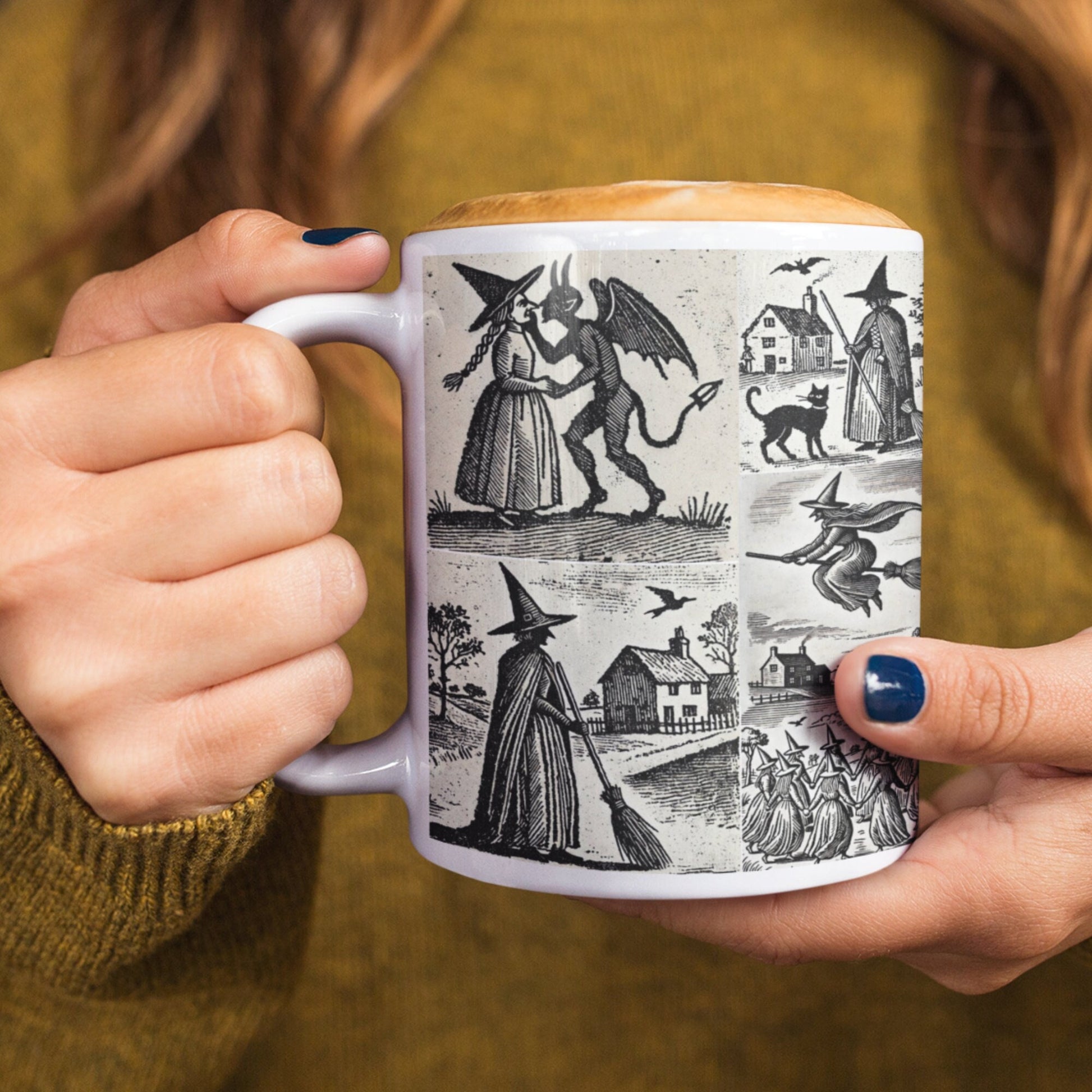 A witch kissing the Devil
Woodcut witch mug. A witch with her familiar, a black cat
Witches dancing in a circle
Witches sat around a table talking to the Devil
And more enchanting scenes that evoke the mysterious and magical world of witches