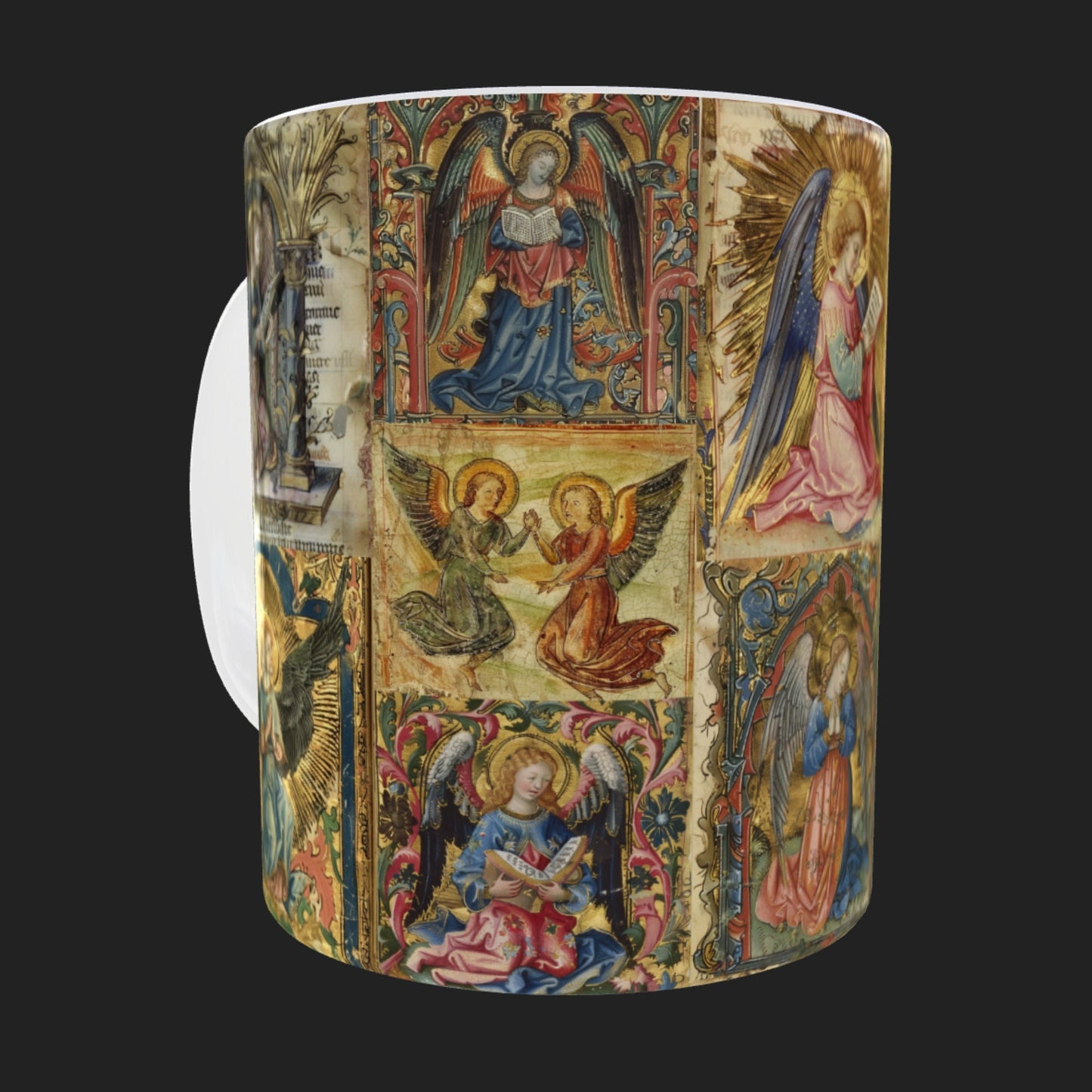 This is our 11oz ceramic mug featuring a stunning medieval manuscript angels design. The borderless mug has the design wrapping round the white mug.
This beautifully crafted mug showcases intricate angelic artwork inspired by historical manuscripts