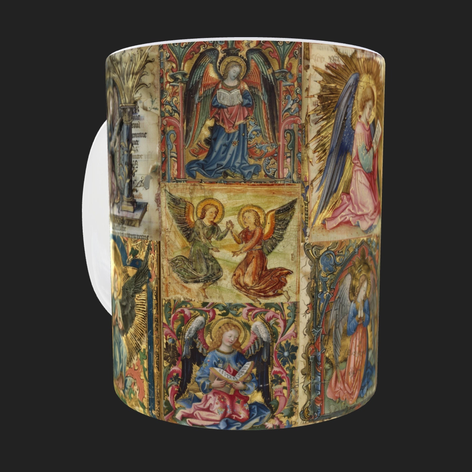 This is our 11oz ceramic mug featuring a stunning medieval manuscript angels design. The borderless mug has the design wrapping round the white mug.
This beautifully crafted mug showcases intricate angelic artwork inspired by historical manuscripts