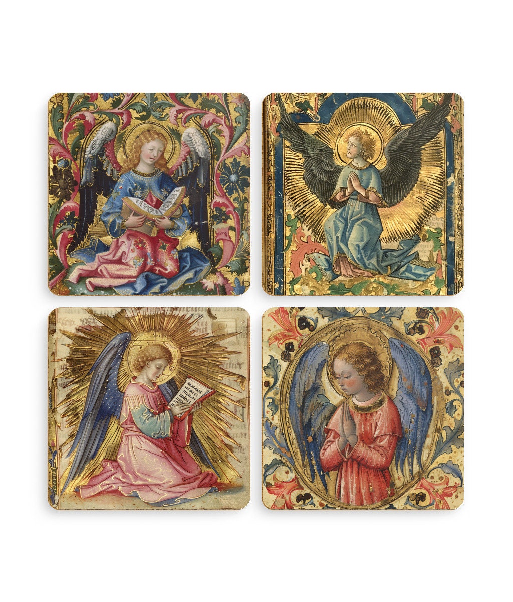Set of 4 coasters in a medieval Illuminated manuscript style. The coasters each have a different design of Angels praying or reading, in blue, gold, pink colours