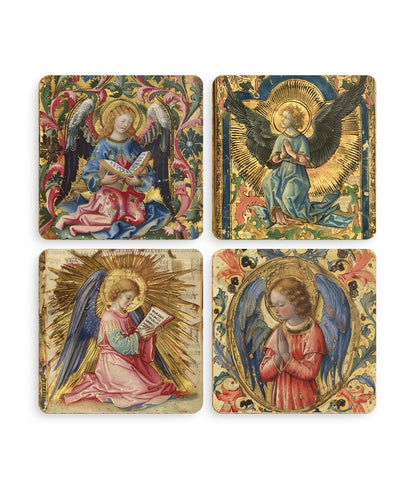 Set of 4 coasters in a medieval Illuminated manuscript style. The coasters each have a different design of Angels praying or reading, in blue, gold, pink colours
