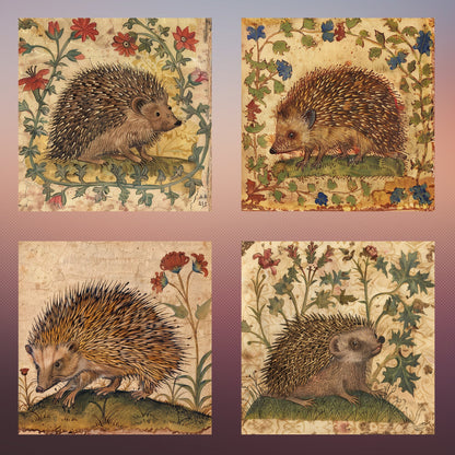 Medieval Hedgehog Coasters: Illuminated Manuscript Style, Set of 4