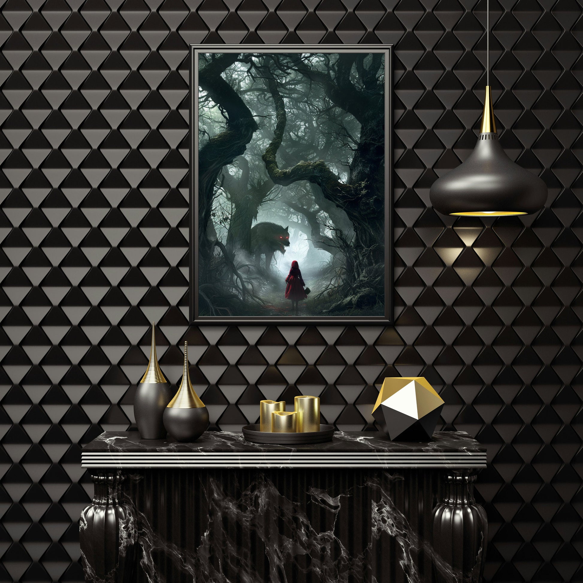 Art Poster Wolf, Red Riding Hood, Dark Horror, Dark Academia, Spooky, Dark Forest, Forestcore, Wolf Print, Gothic Art, Gothic Decor,Photo