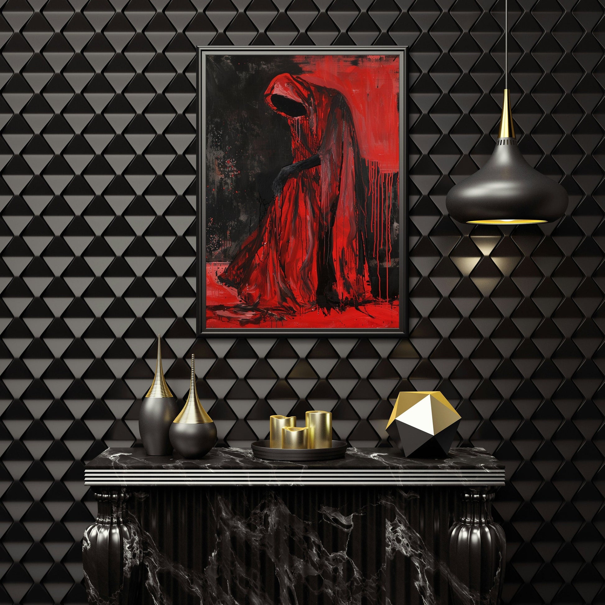 A4 or A3 poster, no frame included. The poster features a creepy, dark faceless figure, robed in red with dripping red wall background.