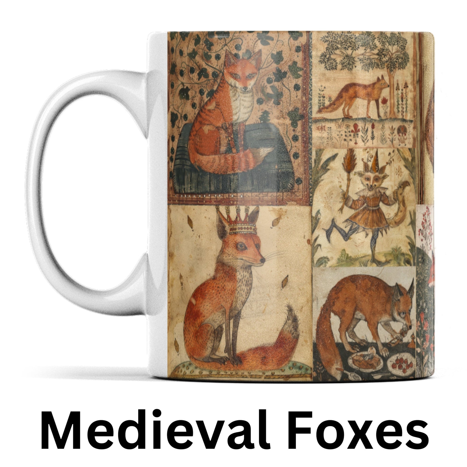 A ceramic mug printed with medieval-style fox illustrations. The foxes are depicted in a historical illuminated manuscript style, engaging in activities like playing music, reading, and wearing crowns, set against a textured, aged parchment background.