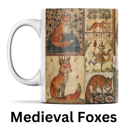 A ceramic mug printed with medieval-style fox illustrations. The foxes are depicted in a historical illuminated manuscript style, engaging in activities like playing music, reading, and wearing crowns, set against a textured, aged parchment background.
