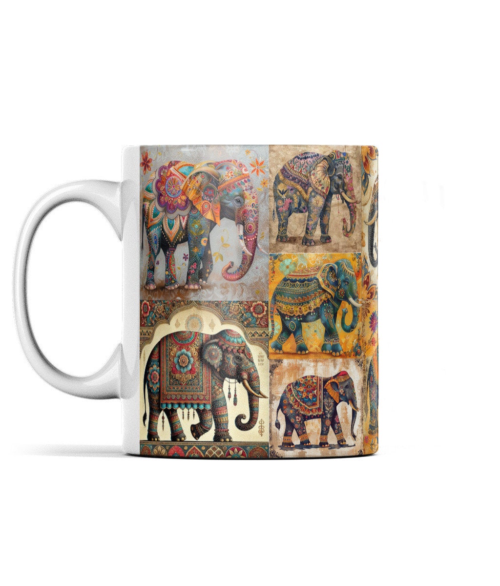 Elephant-themed gift mug with decorative and highly detailed artwork, featuring golden, blue, and multicoloured elephants in a stunning collage