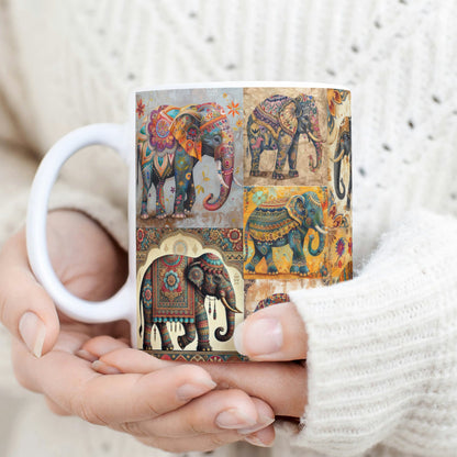 Beautifully designed elephant coffee mug with ornate patterns inspired by traditional Indian art, perfect for animal lovers and boho decor fans.