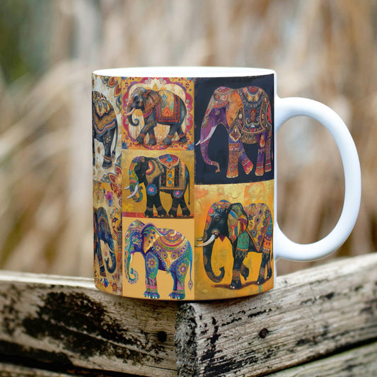 Colourful elephant mug with intricate Indian and bohemian designs, featuring a patchwork of artistic elephant illustrations on a vibrant background.