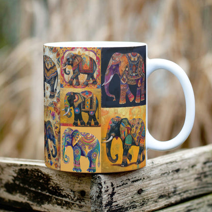 Vibrant and detailed elephant pattern mug with an ethnic and boho feel, perfect for tea, coffee, and gifting occasions