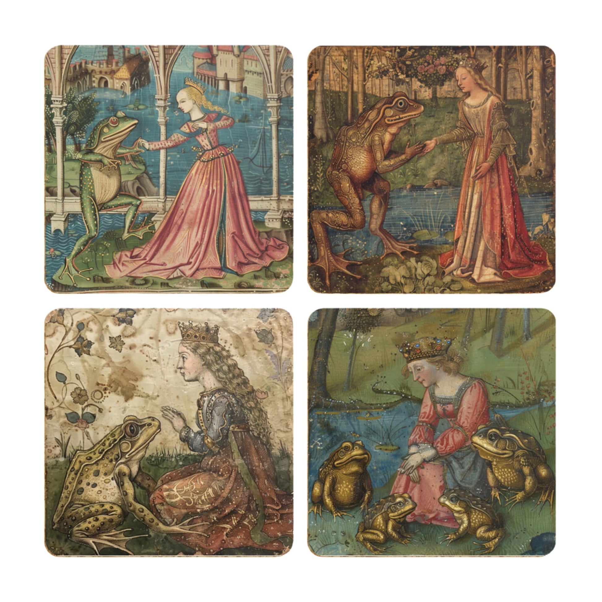 Princess and the Frog Coasters, Frog Gifts, Fairy Tale Princess Design Medieval Frog Paintings 4 x Coaster Designs Frog Print Tea Coffee Mat