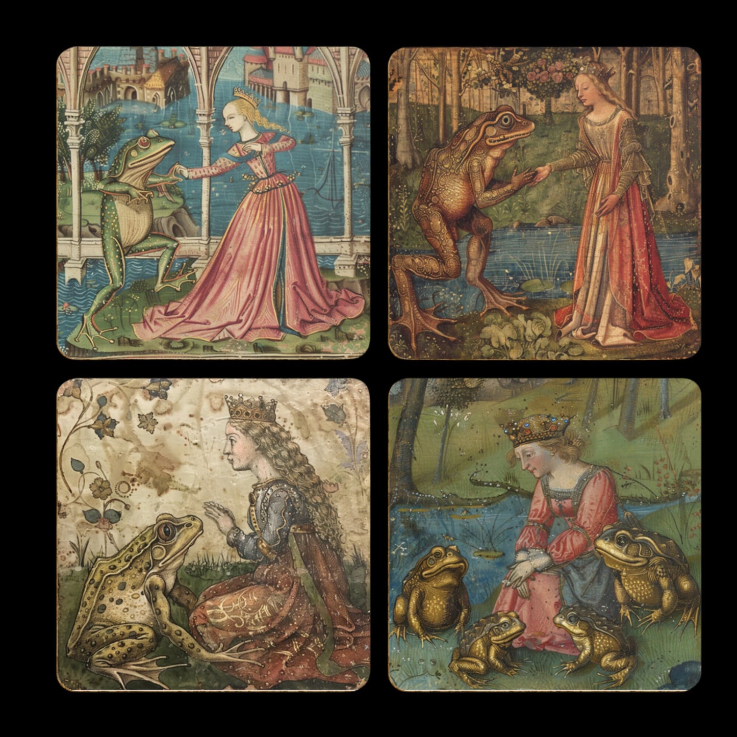 Princess and the Frog Coasters, Frog Gifts, Fairy Tale Princess Design Medieval Frog Paintings 4 x Coaster Designs Frog Print Tea Coffee Mat