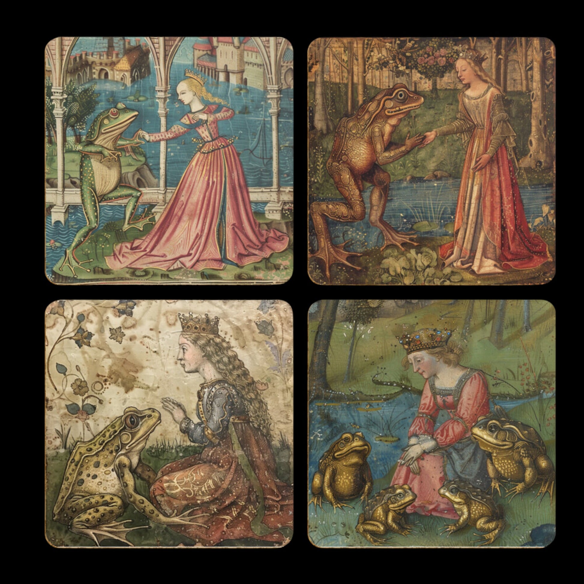 Princess and the Frog Coasters, Frog Gifts, Fairy Tale Princess Design Medieval Frog Paintings 4 x Coaster Designs Frog Print Tea Coffee Mat
