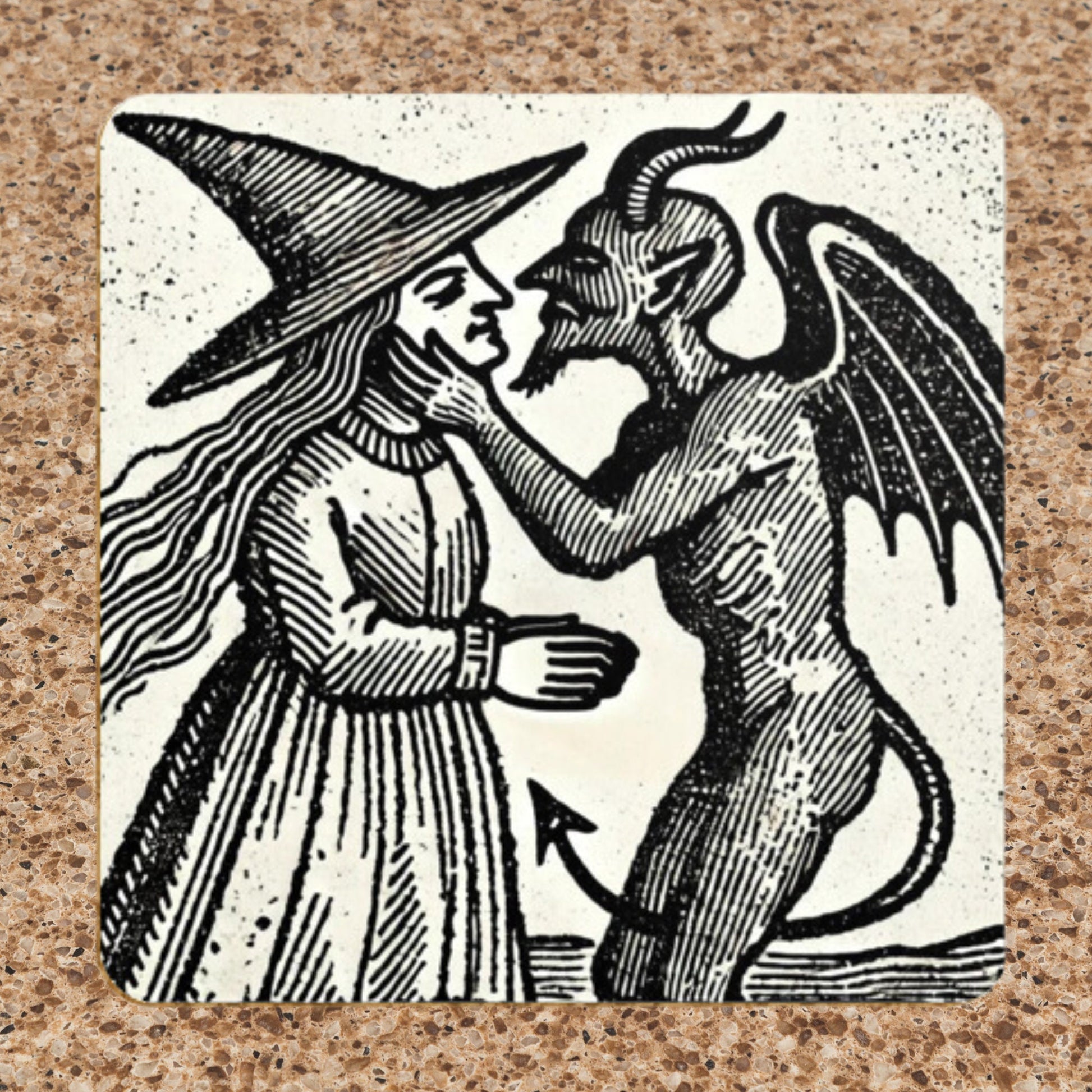 Witch Kissing Devil Coasters: Gothic Woodcut Art, Set of 4