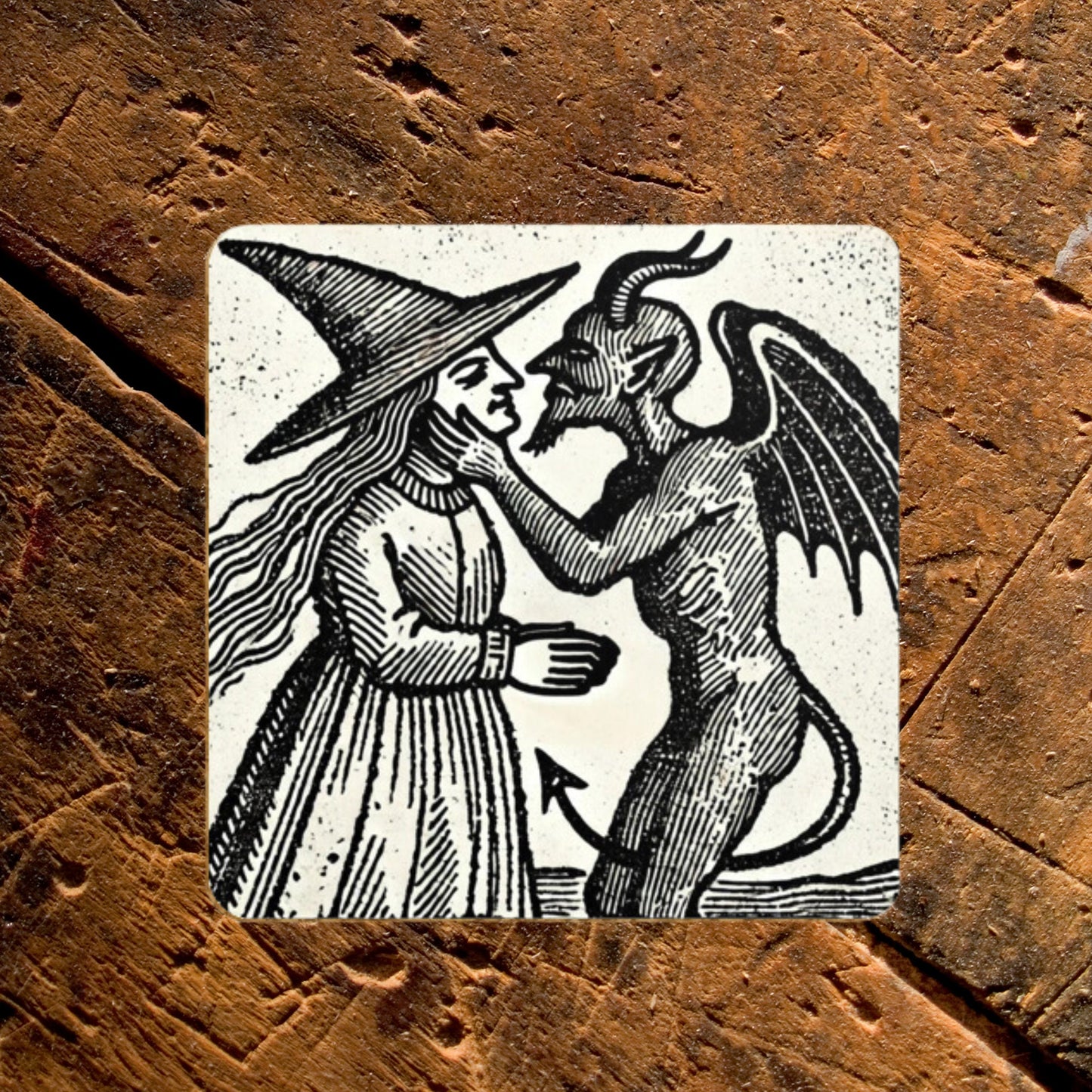 Witch Kissing Devil Coasters: Gothic Woodcut Art, Set of 4