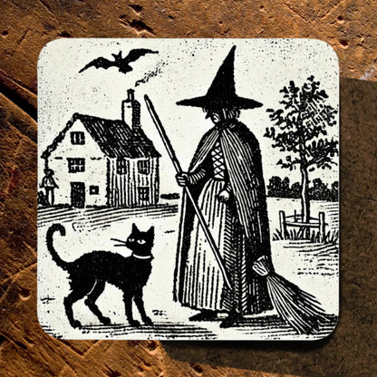 Witch & Black Cat Coasters: Vintage Woodcut Style, Set of 4